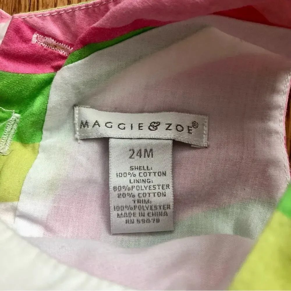 MAGGIE & ZOE A-Line Waves Pattern Pink Green White Dress Girl’s Size 24 MO